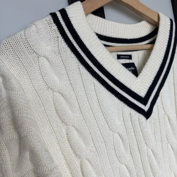 ABERCROMBIE & FITCH Cable knit Oversized Varsity Prep Sweater Women’s XL Tennis - Picture 6 of 13